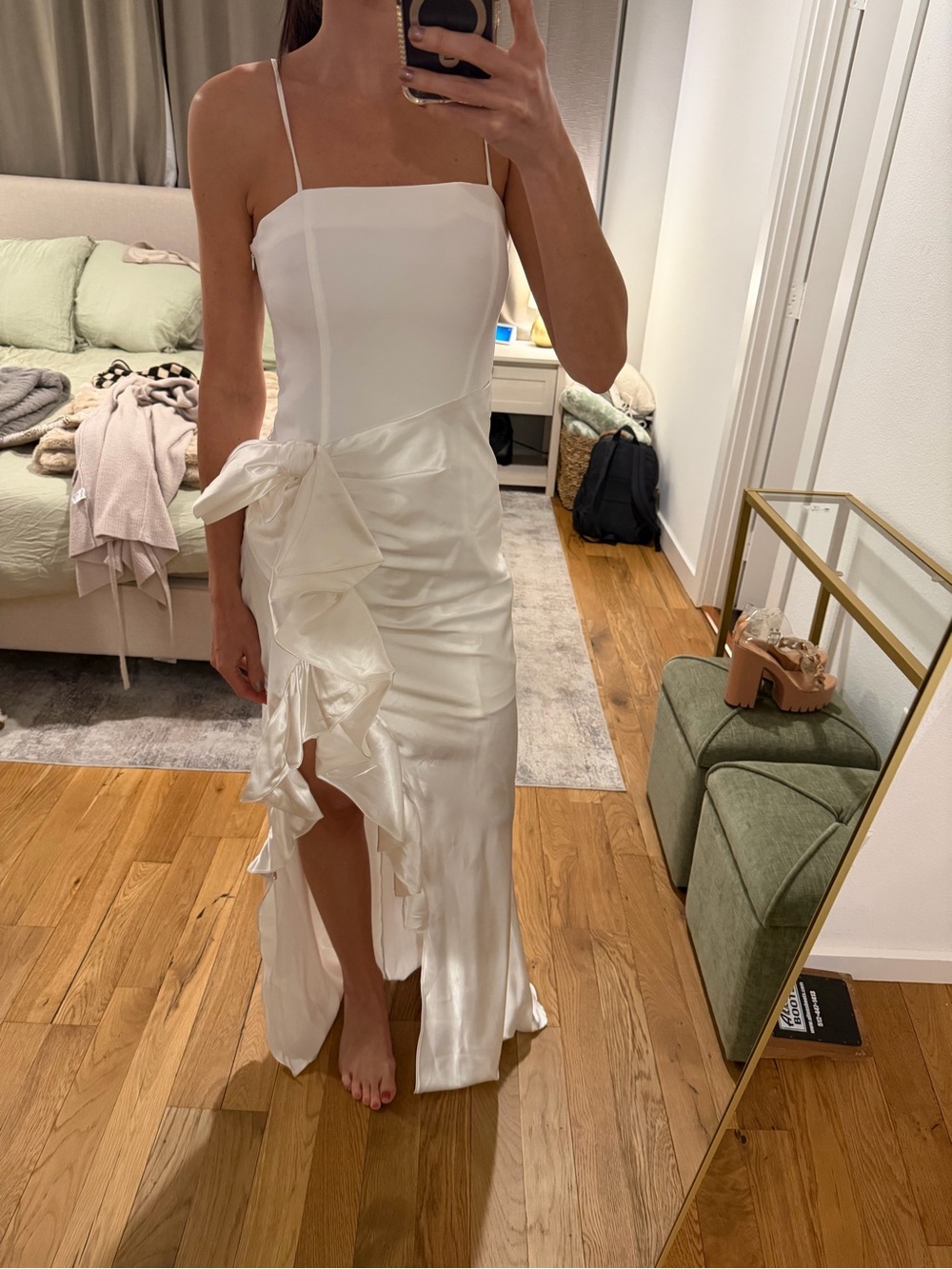 White Satin Maxi Dress with Ruffle Detail